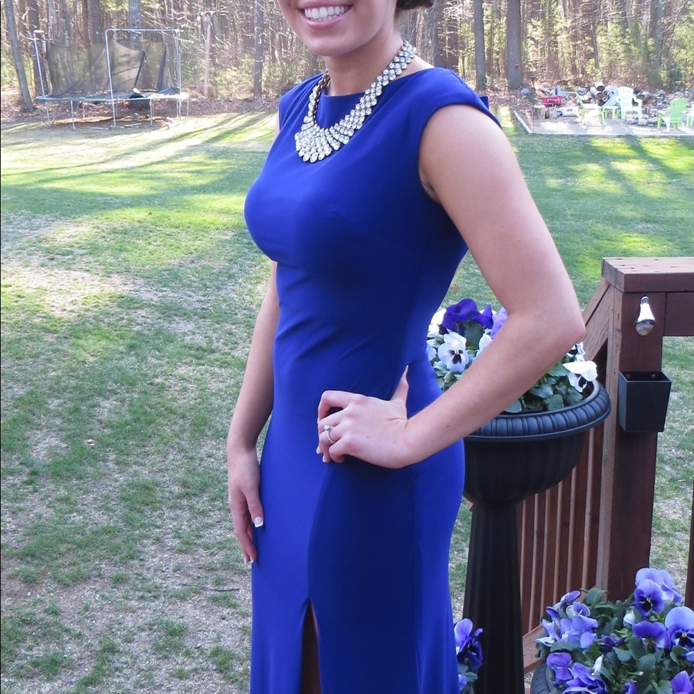 Royal blue prom dress with bow on back